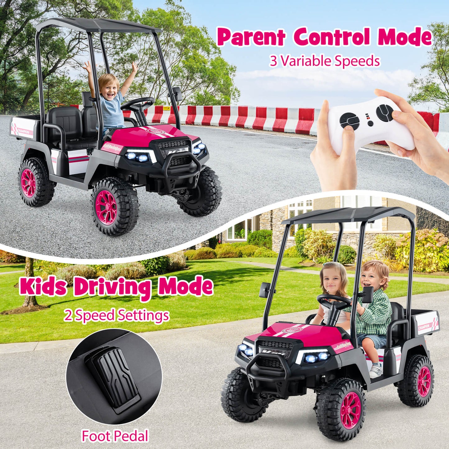 24V Kids Golf Cart 4WD 2 - Seater Ride on Car with Storage Trunk and Horn - Pink - Lago Vista Golf Carts