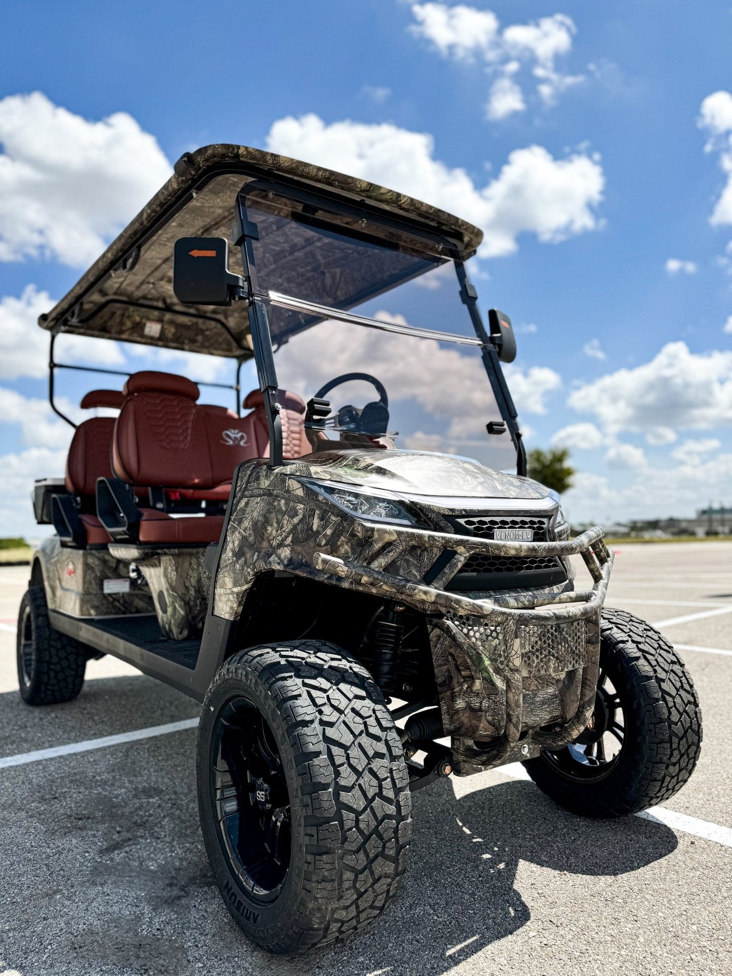Venom Strike 4 Forward Facing Golf Cart, Lifted, Camo with Brown Seats - Lago Vista Golf Carts