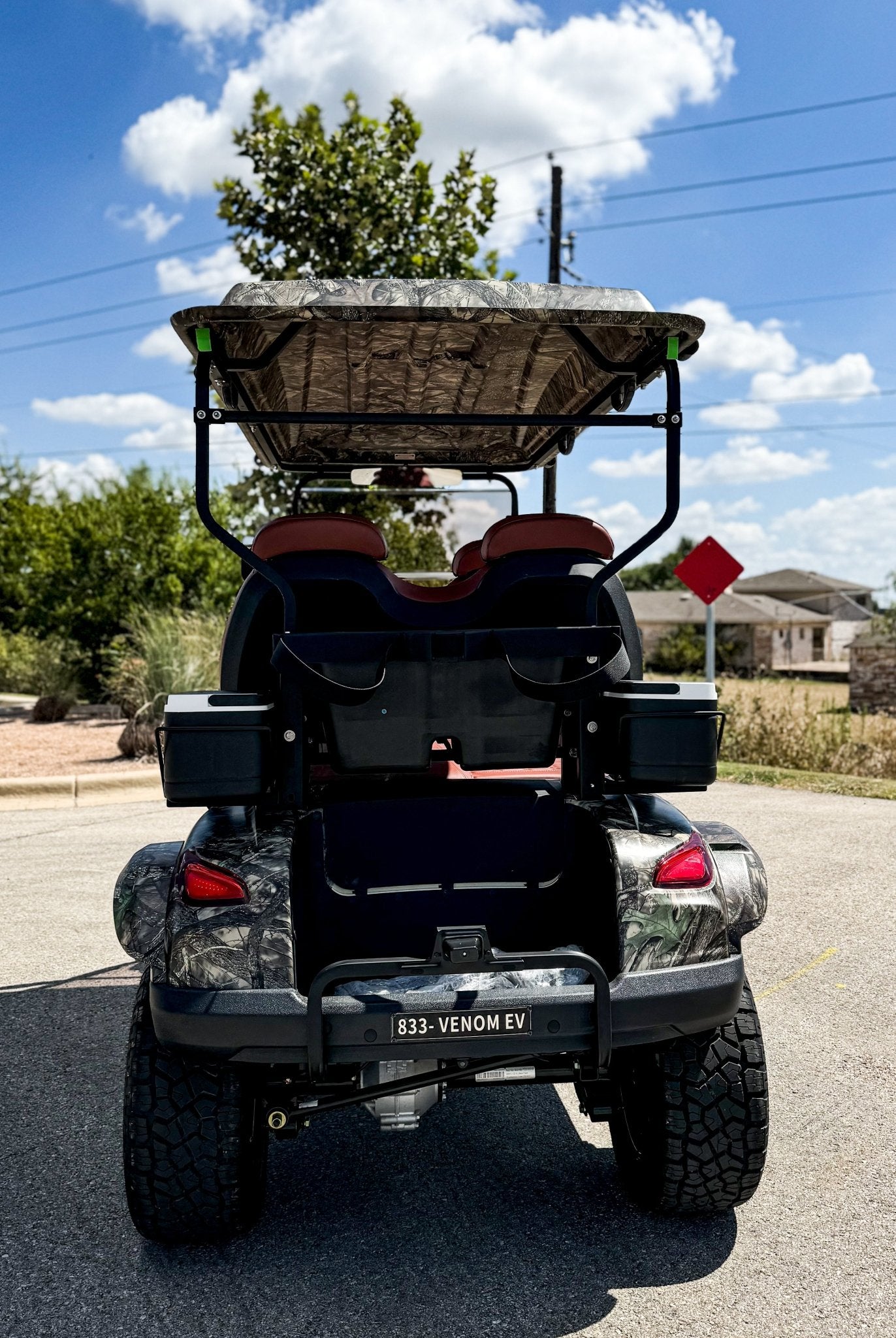 Venom Strike 4 Forward Facing Golf Cart, Lifted, Camo with Brown Seats - Lago Vista Golf Carts