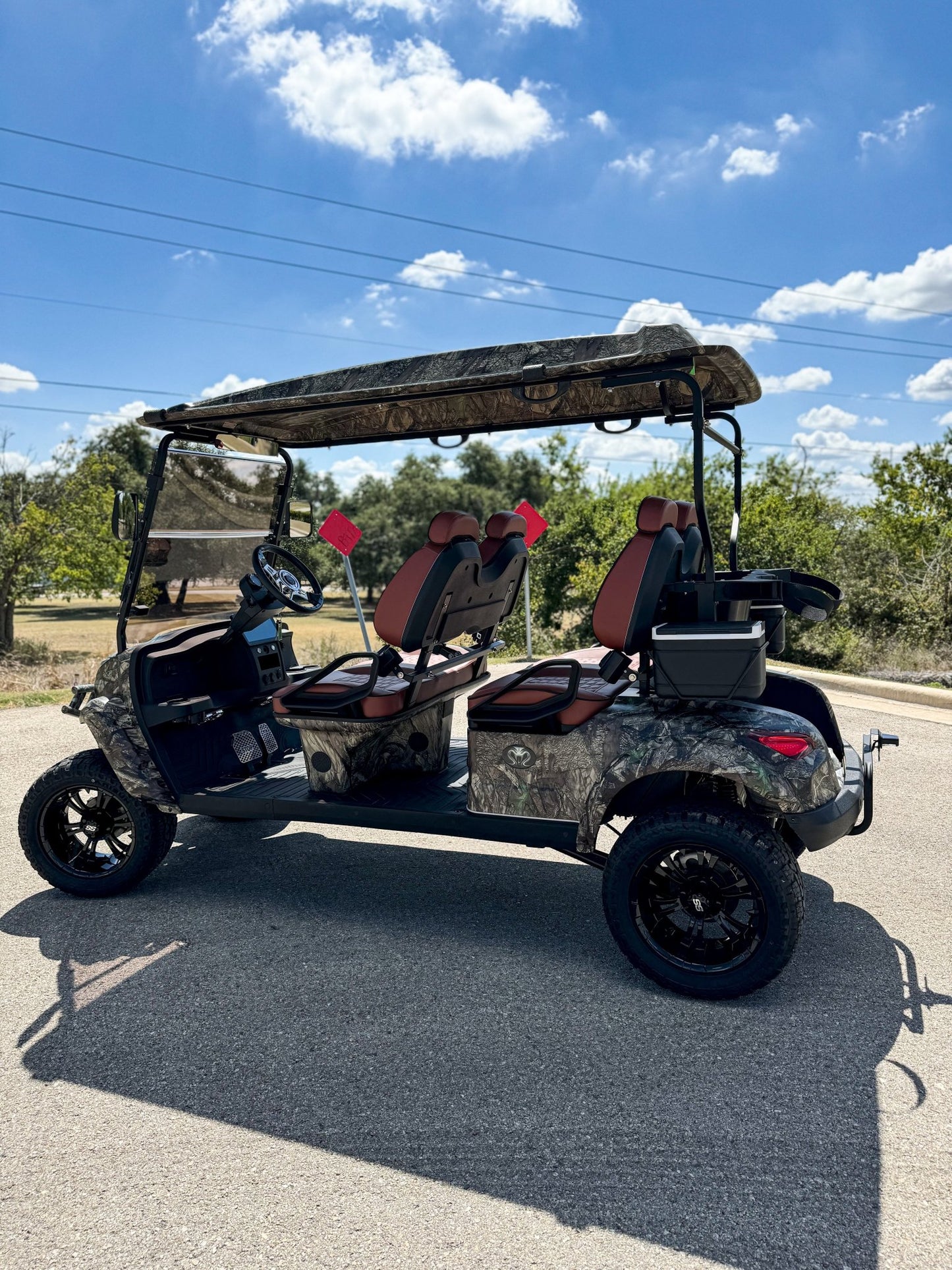 Venom Strike 4 Forward Facing Golf Cart, Lifted, Camo with Brown Seats - Lago Vista Golf Carts