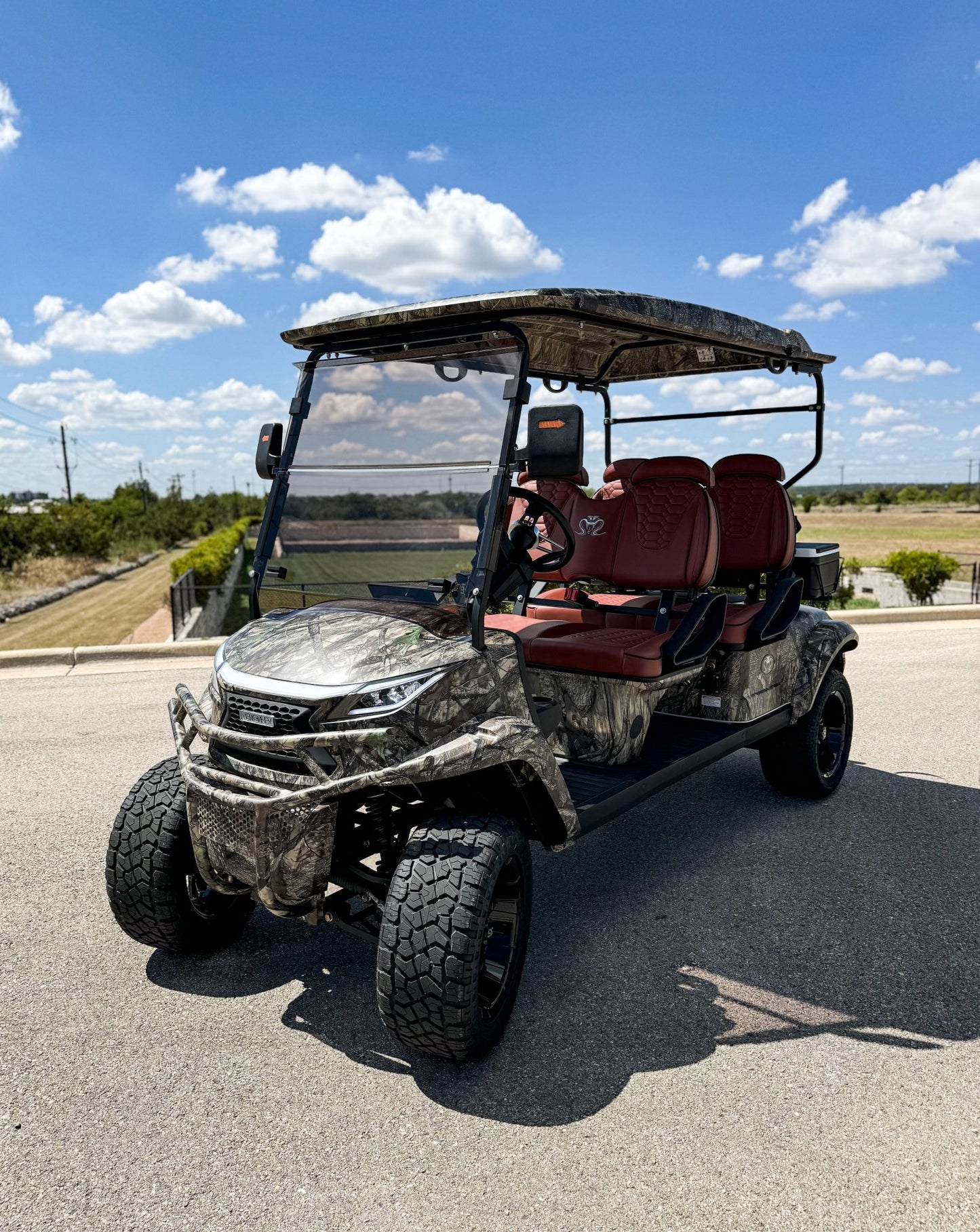 Venom Strike 4 Forward Facing Golf Cart, Lifted, Camo with Brown Seats - Lago Vista Golf Carts