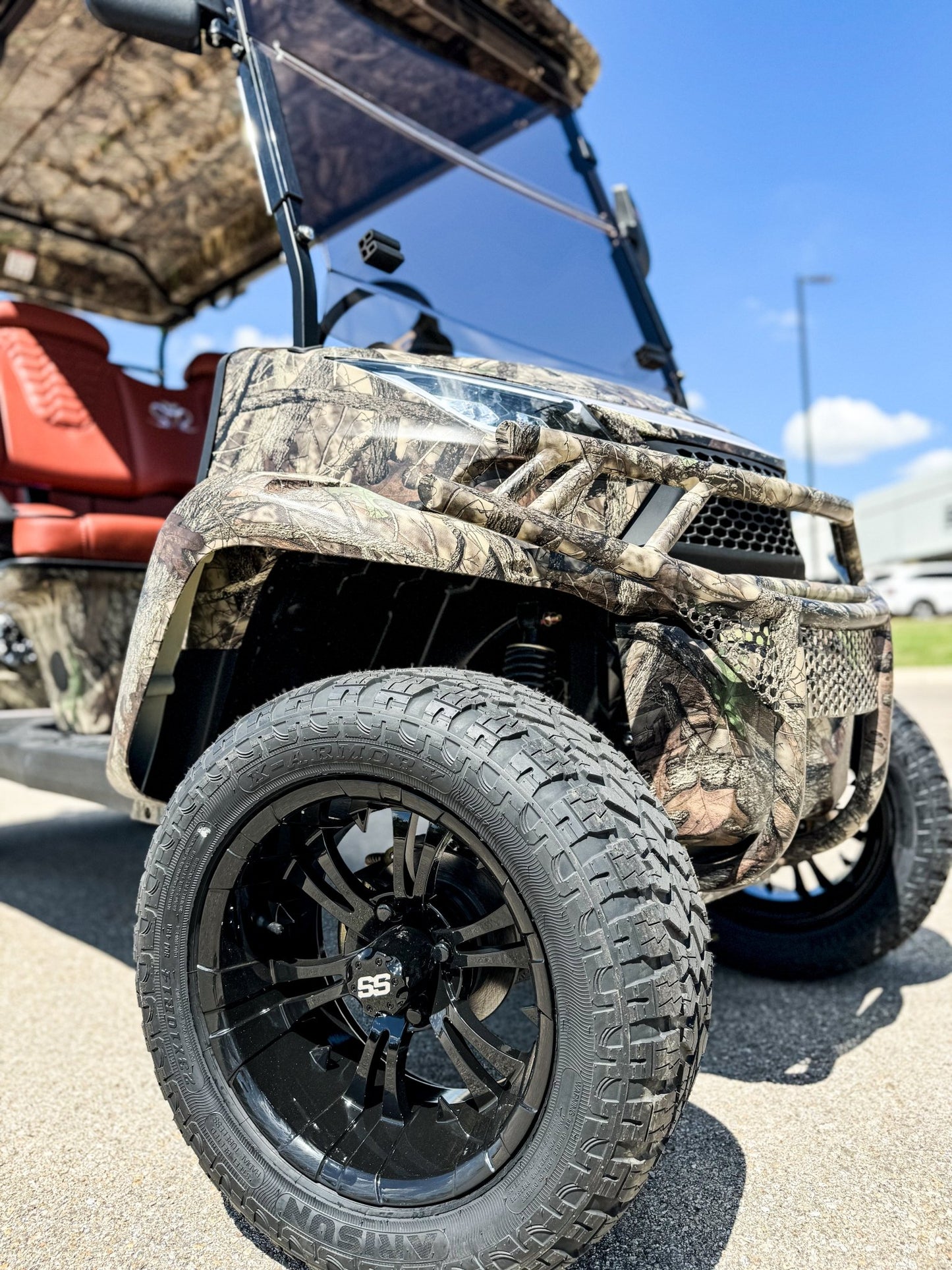 Venom Strike 4 Forward Facing Golf Cart, Lifted, Camo with Brown Seats - Lago Vista Golf Carts