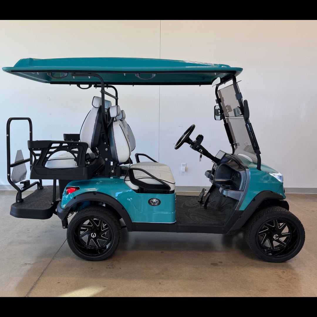 Venom Strike 4 Golf Cart, Non - Lifted, Teal with White seats, 200ah battery - Lago Vista Golf Carts