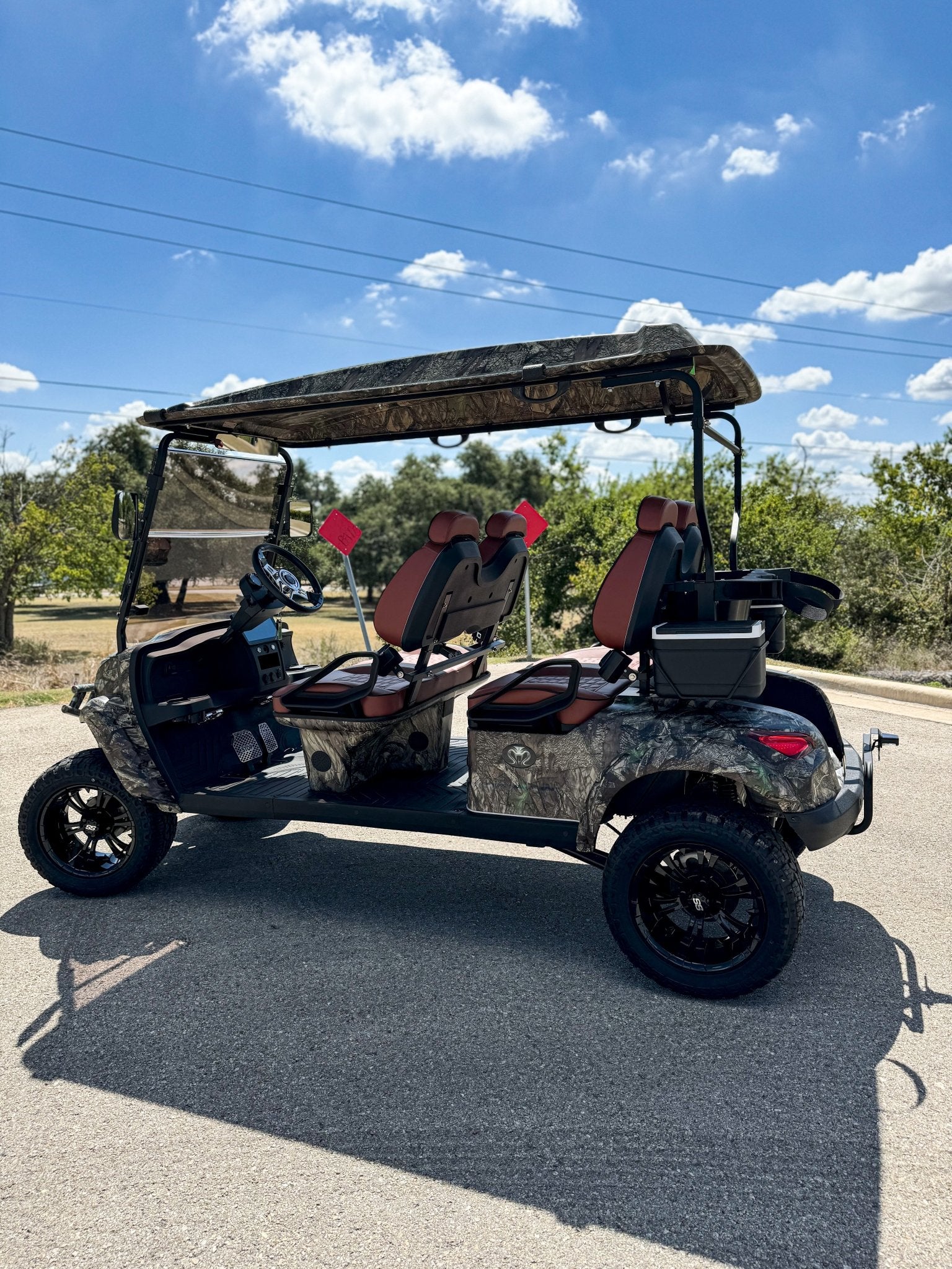 Venom Strike 4 Forward Facing Golf Cart, Lifted, Camo with Brown Seats - Lago Vista Golf Carts