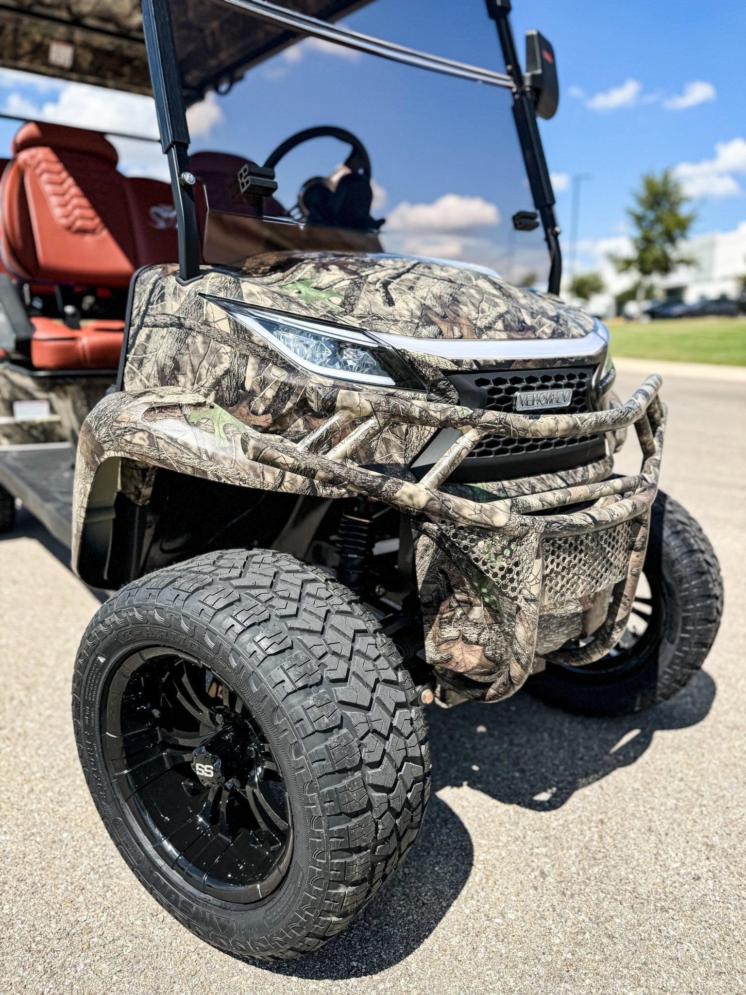 Venom Strike 4 Forward Facing Golf Cart, Lifted, Camo with Brown Seats - Lago Vista Golf Carts